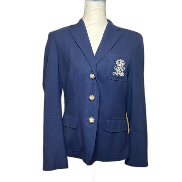 Lauren Ralph Lauren Navy Embroidered Crested Blazer Jacket Womens Designer - Picture 2 of 6